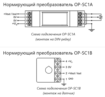 Схемы подключения OPKON OP-SC1A / OP-SC1B - нормирующих преобразователей для резистивных датчиков